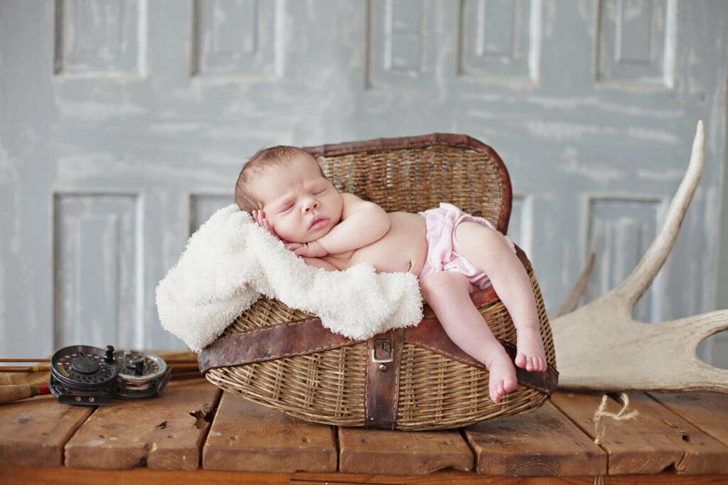 Newborn baby in basket